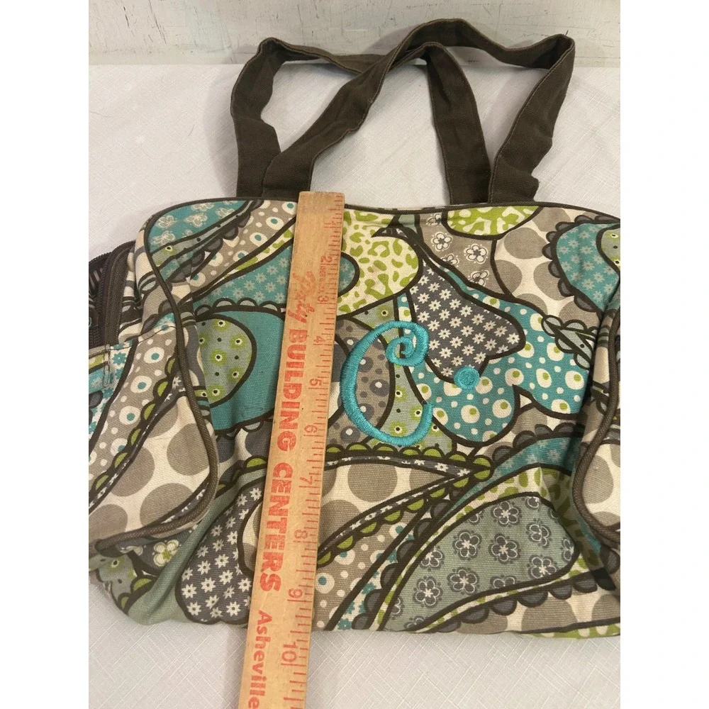 Thirty-One Paisley Heart Canvas Tote Bag Small Teal Green Monogram C Womens
